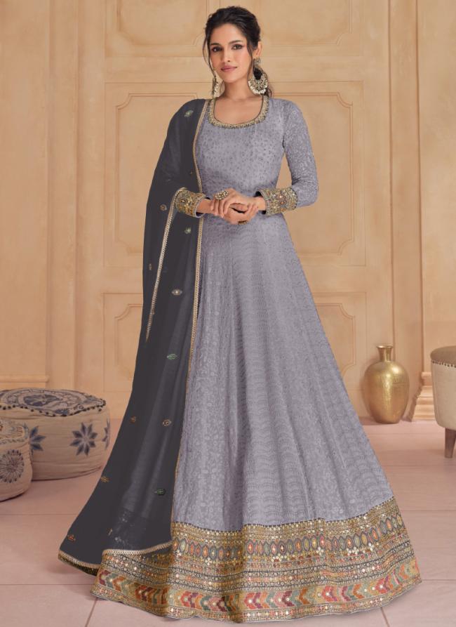 Georgette Grey Wedding Wear Embroidery Work Readymade Gown With Dupatta